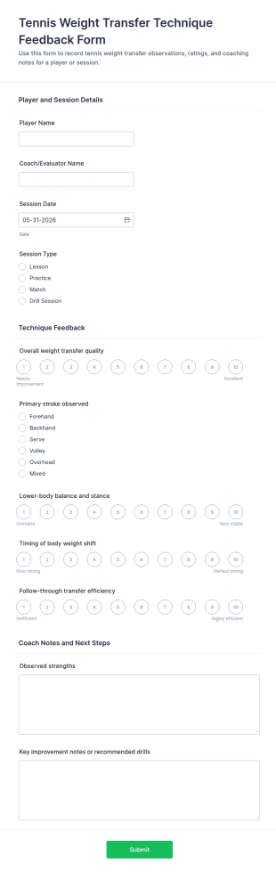 Tennis Weight Transfer Technique Feedback Form Template
