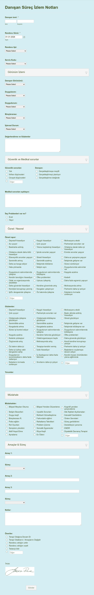 Terapi Danışan Süreç Notları Form Template