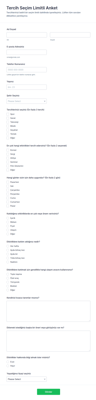 Tercih Seçimi Sınırı Form Şablonu