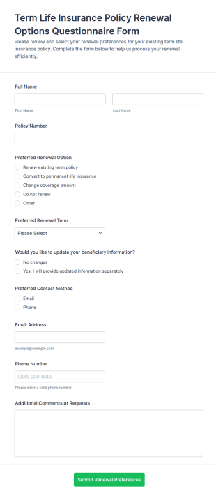 Term Life Insurance Policy Renewal Options Questionnaire Form Template