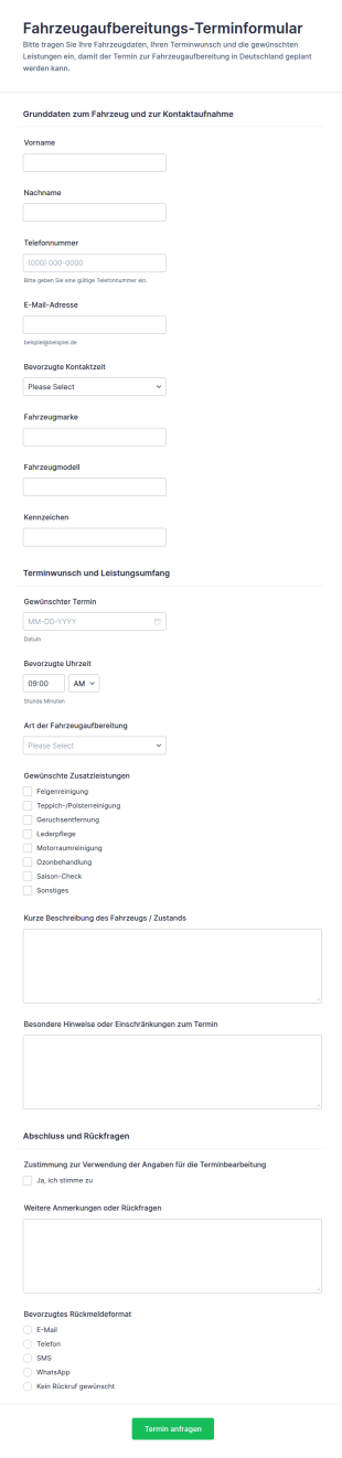 Termin Zur Fahrzeugpflege Form
