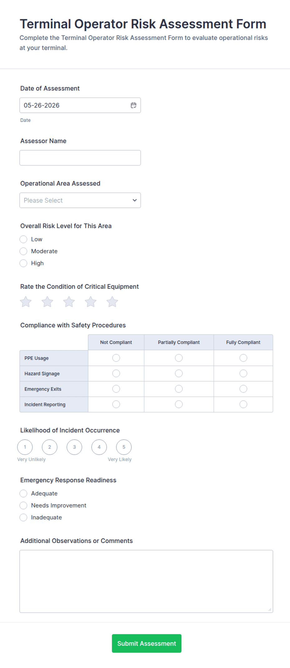 Terminal Operator Risk Assessment Form Template | Jotform
