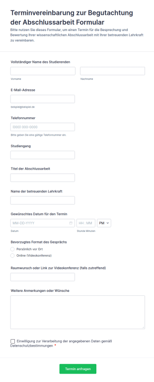 Terminvereinbarung Zur Begutachtung Der Abschlussarbeit Formular