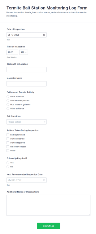 Termite Bait Station Monitoring Log Form Template