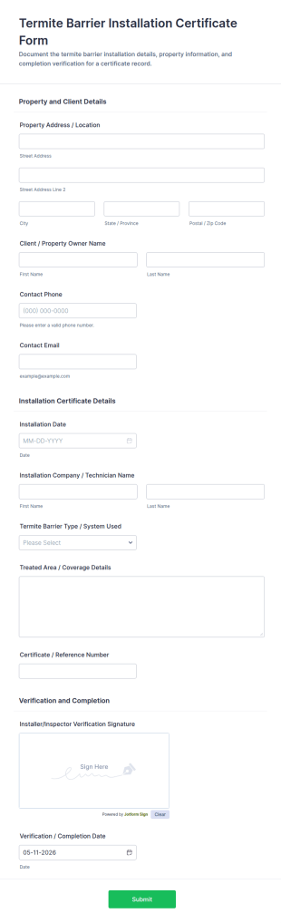 Termite Barrier Installation Certificate Form Template
