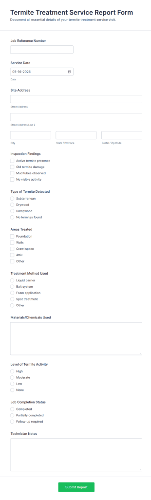 Termite Treatment Service Report Form Template