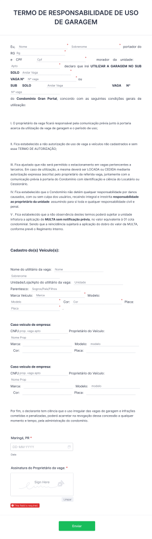 Termo De Responsabilidade De Uso De Garagem Form Template