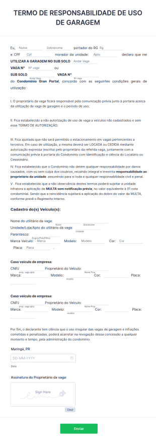 Termo De Responsabilidade De Uso De Garagem