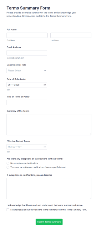 Terms Summary Form Template