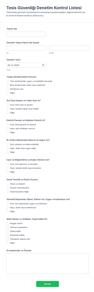 Tesis Güvenliği Denetim Kontrol Listesi Form Şablonu
