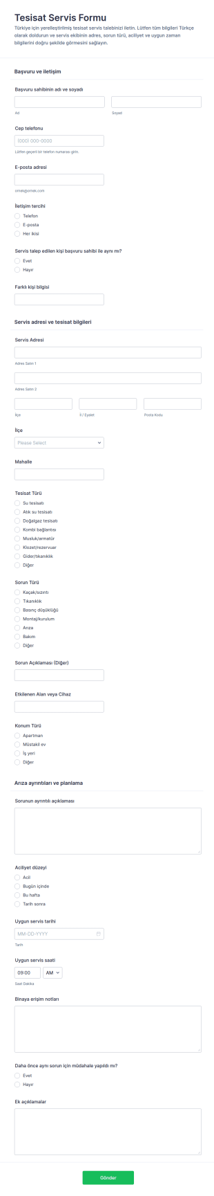 Tesisat Servis Talep Form Şablonu
