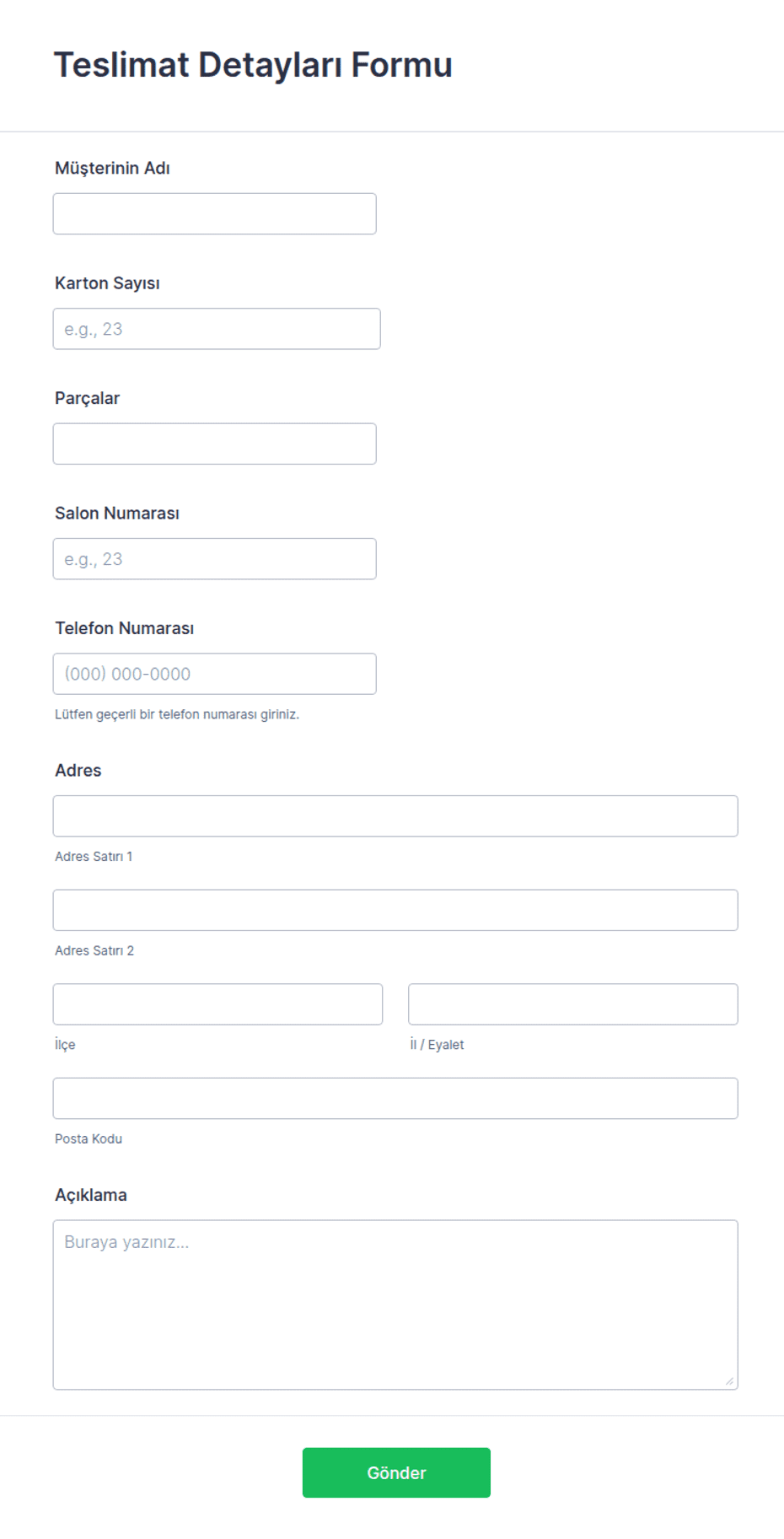 Teslimat Detayları Formu Örneği | Jotform