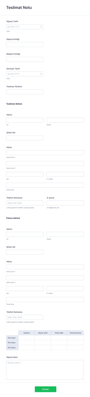 Teslimat Notu Form Template