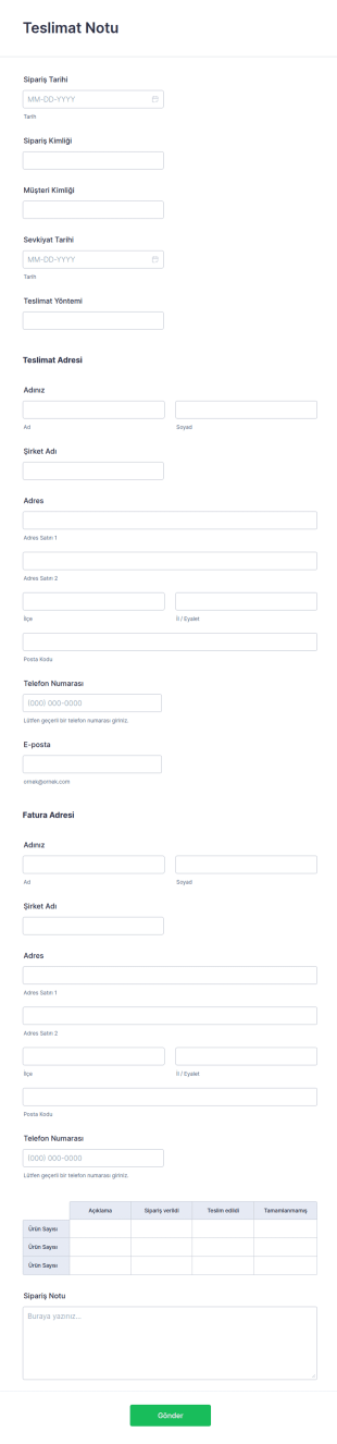 Teslimat Notu Form Şablonu