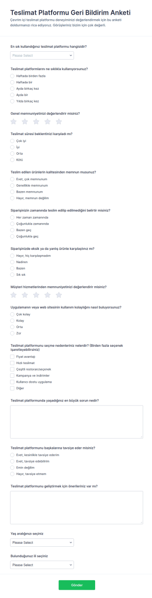 Teslimat Platformu Geri Bildirim Anketi Form Şablonu