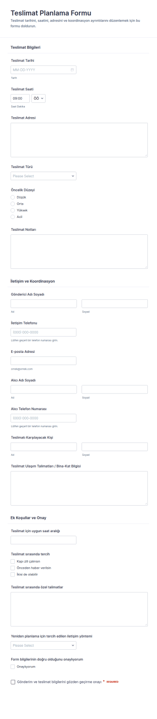 Teslimat Takvimi Planlama Form Şablonu
