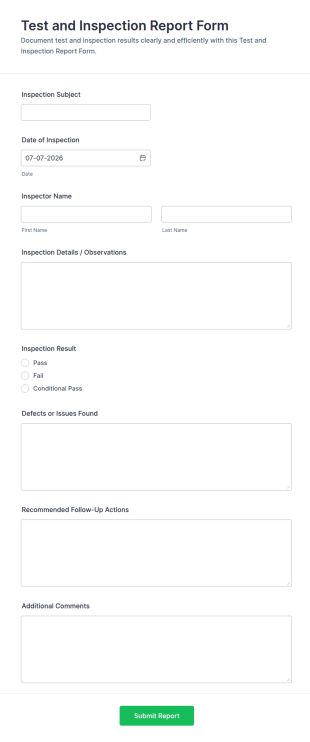 Test And Inspection Report Form Template