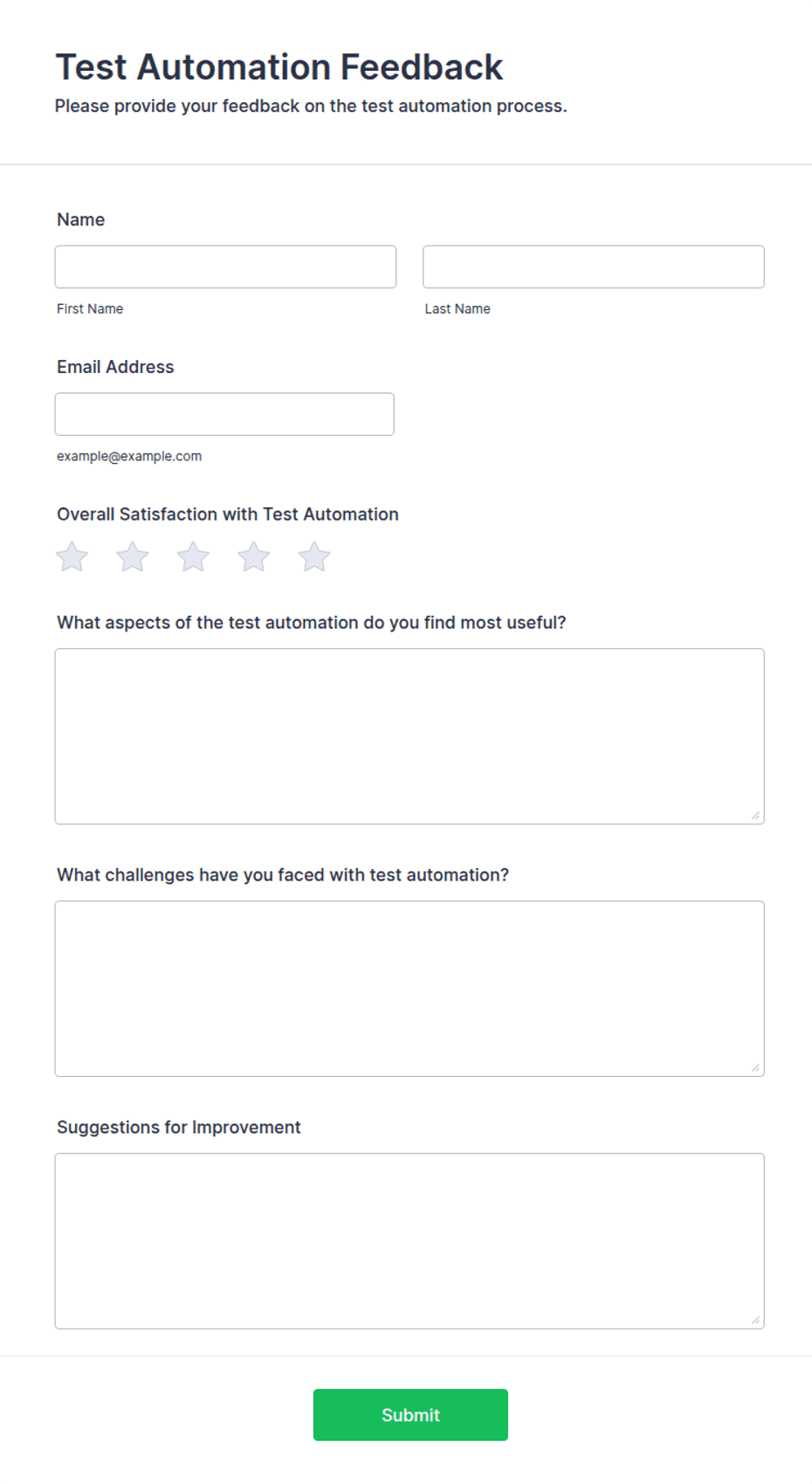Automated Test Form Example Test Automation Feedback Form Template | Jotform