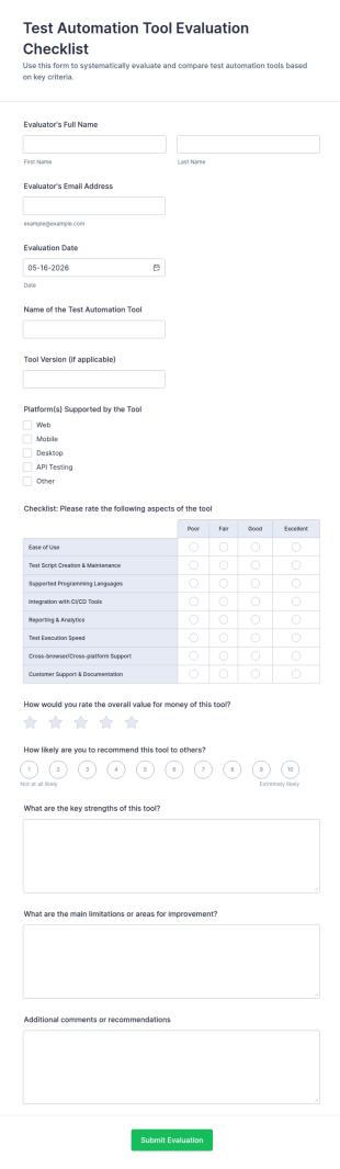 Test Automation Tool Evaluation Checklist Form Template
