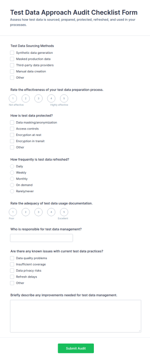 Test Data Approach Audit Checklist Form Template