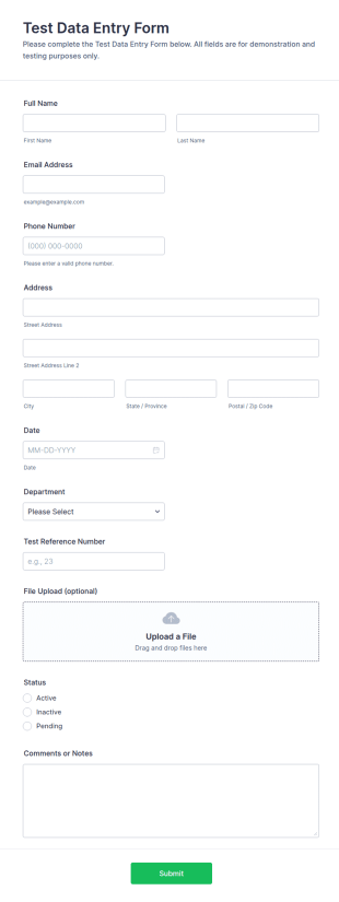 Test Data Entry Form Template