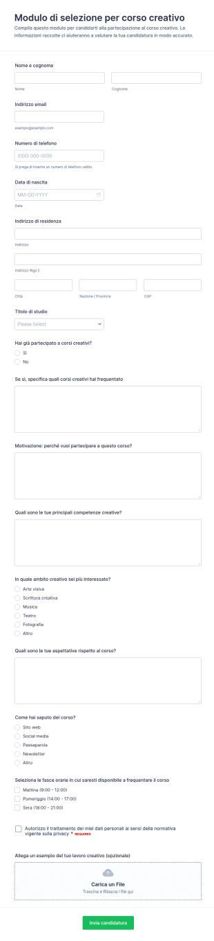 Test Di Selezione Per Corso Creativo