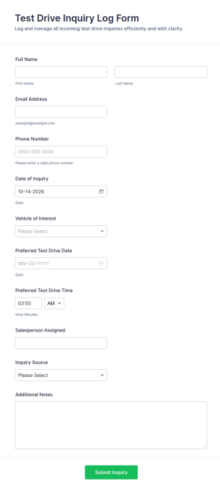 Test Drive Inquiry Log Form Template