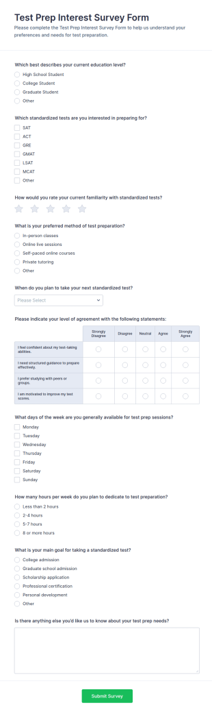 Test Prep Interest Survey Form Template