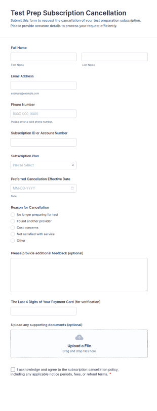 Test Prep Subscription Cancellation Form Template