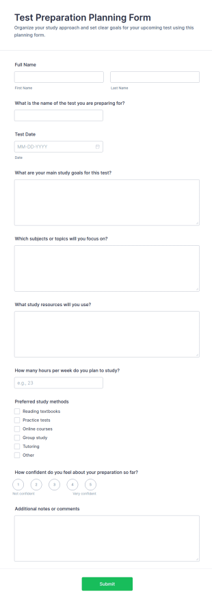 Test Preparation Planning Form Template