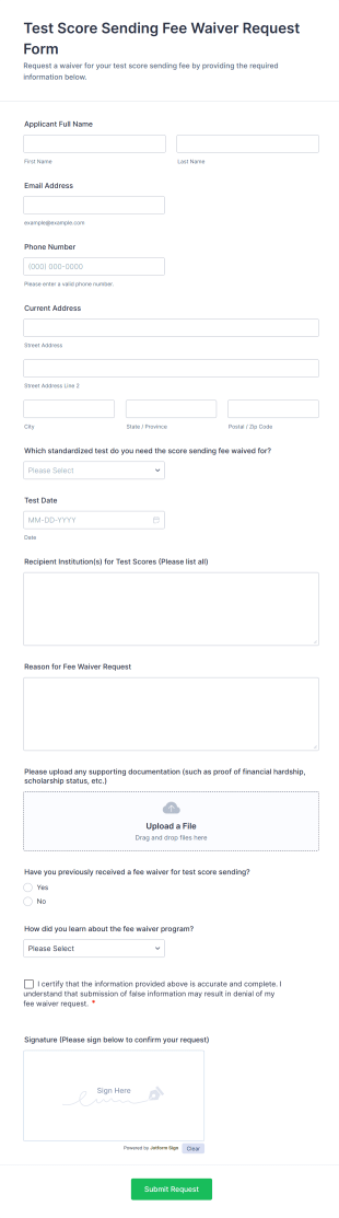 Test Score Sending Fee Waiver Request Form Template