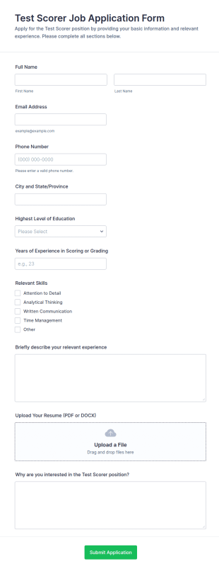 Test Scorer Job Application Form Template