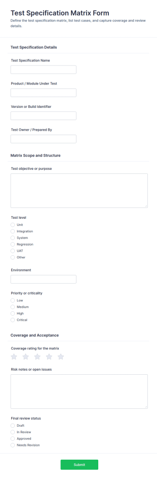 Test Specification Matrix Form Template