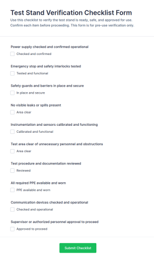 Test Stand Verification Checklist Form Template