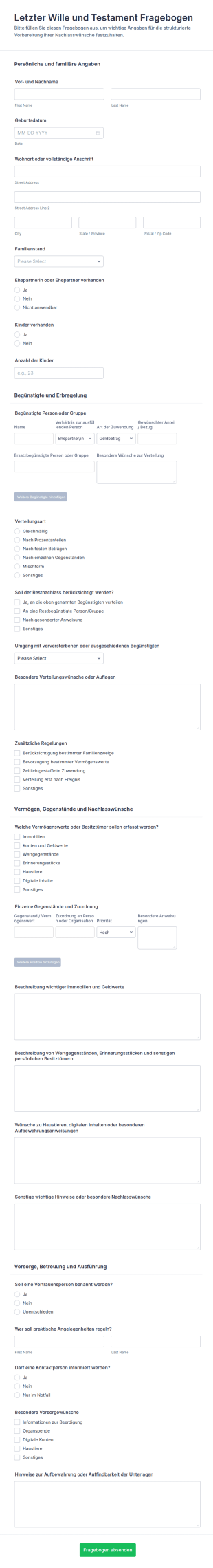 Testamentarischer Vorsorge Und Nachlassfragebogen