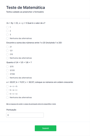 Teste Rápido De Matemática Form Template