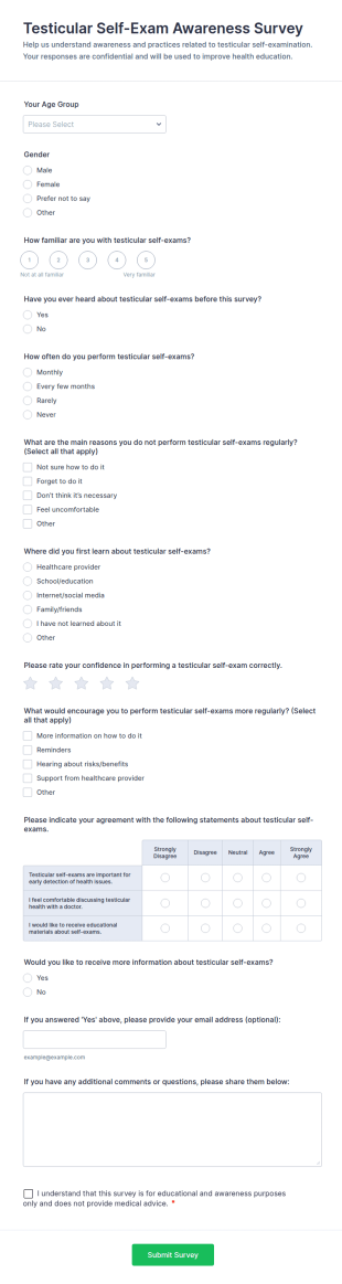 Testicular Self Exam Awareness Survey Form Template