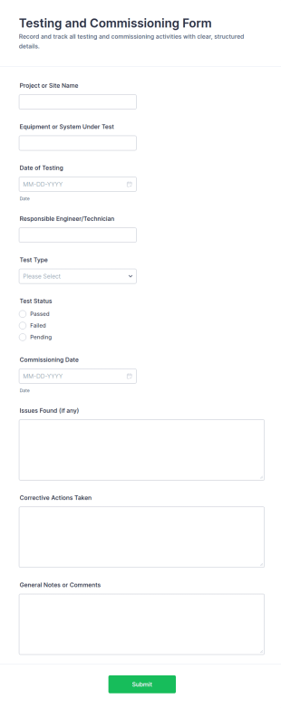 Testing And Commissioning Form Template