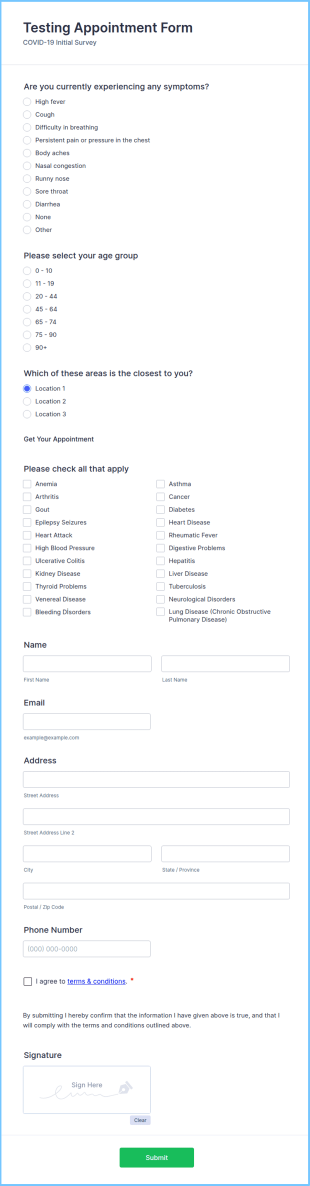 Testing Appointment Form Template