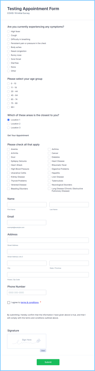 Testing Appointment Form Template