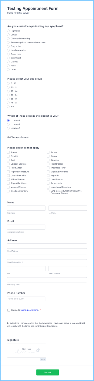 Testing Appointment Form Template