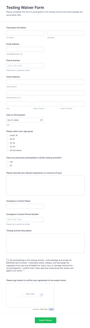 Testing Waiver Form Template