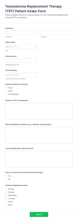 Testosterone Replacement Therapy (TRT) Patient Intake Form Template