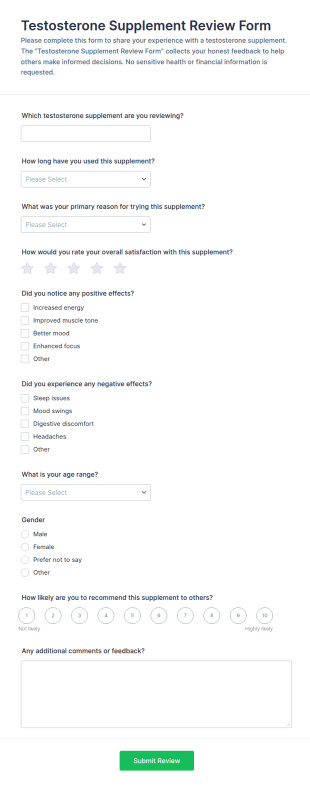 Testosterone Supplement Review Form Template