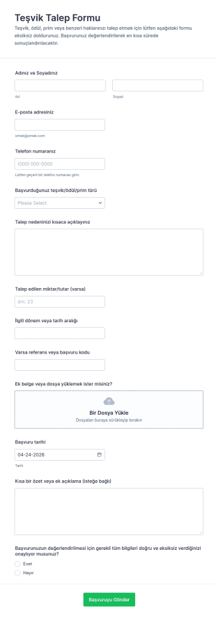 Teşvik Talep Formu 🎁 Form Şablonu