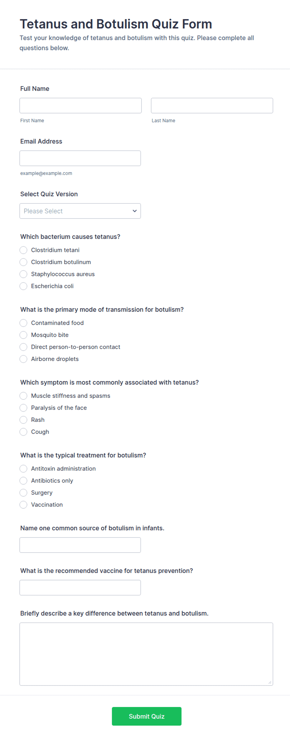 Tetanus and Botulism Quiz Form Template | Jotform