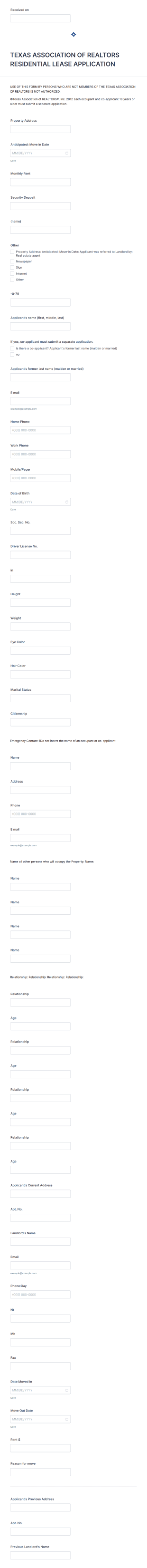 Texas Association Of Realtors Residential Lease Application Form Template
