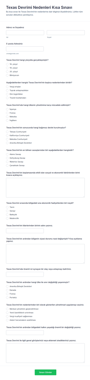 Texas Devrimi Nedenleri Anketi Form Şablonu