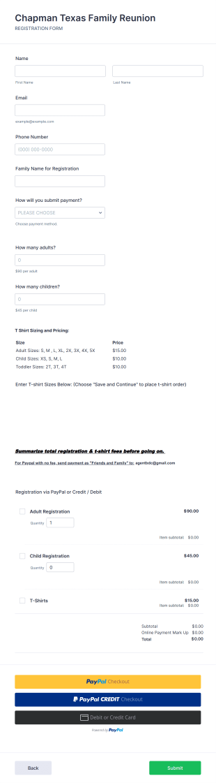 Texas Family Reunion Final Registration Form Template
