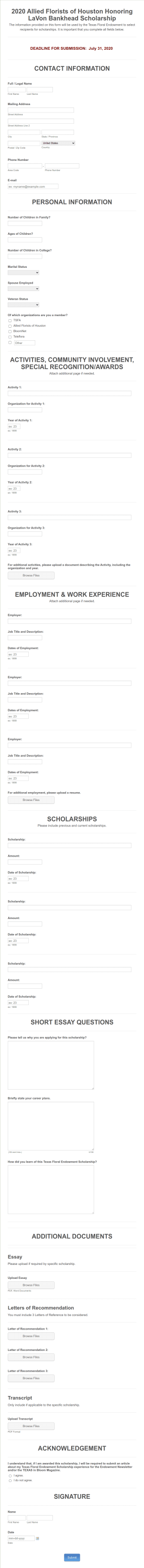 Texas Floral Endowment Scholarship Application | 2020 Allied Florists Of Houston Honoring LaVon Bankhead Scholarship Form Template